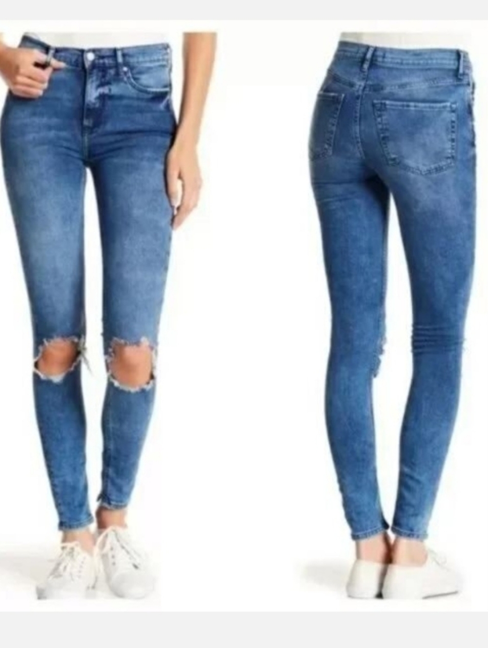 Free People Skinny Jeans Distressed Open Knee Blue Denim Size 30 Waist Boho Stre